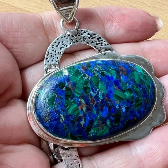 OVERSIZED STATEMENT LAPIS MALACHITE CHRYSOCOLLA PENDANT 925 STERLING SILVER